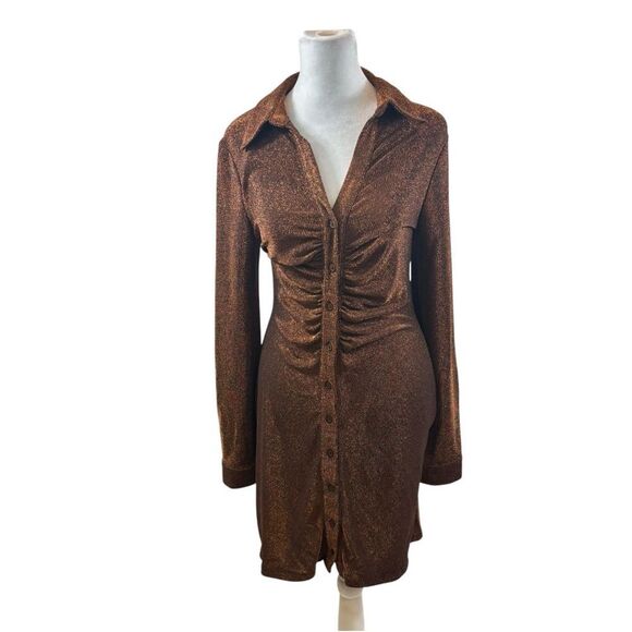 Ladies ASTR the Label Ambel Ruched‎ Shirt Dress Copper Long Sleeves Size Large - Picture 11 of 16